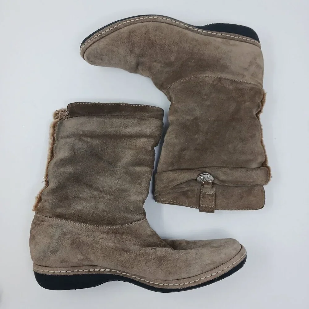 Stuart Weitzman Tan Suede Boots Faux Fur Lining Slouchy Size 8